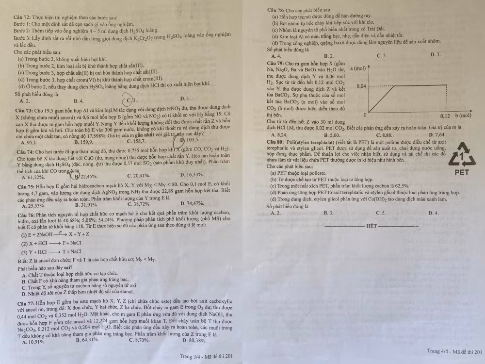 Đề thi môn Hoá học mã đề 201. Đề thi môn Hoá học mã đề 201.
