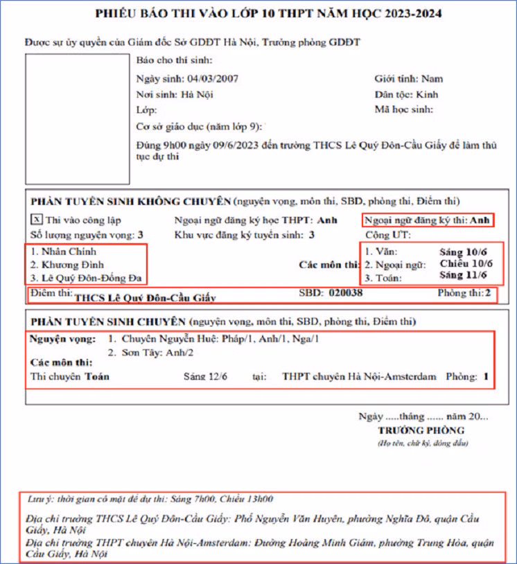 Những thông tin khoanh đỏ học sinh cần kiểm tra kỹ.