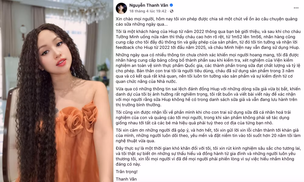 Lời xin lỗi của MC Vân Hugo đăng tải trên Facebook cá nhân.