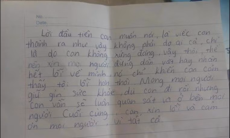 Tại hiện trường, gia đình phát hiện nữ sinh lớp 8 có để lại thư và nhiều trang nhật ký nói về việc mình sắp đi xa.