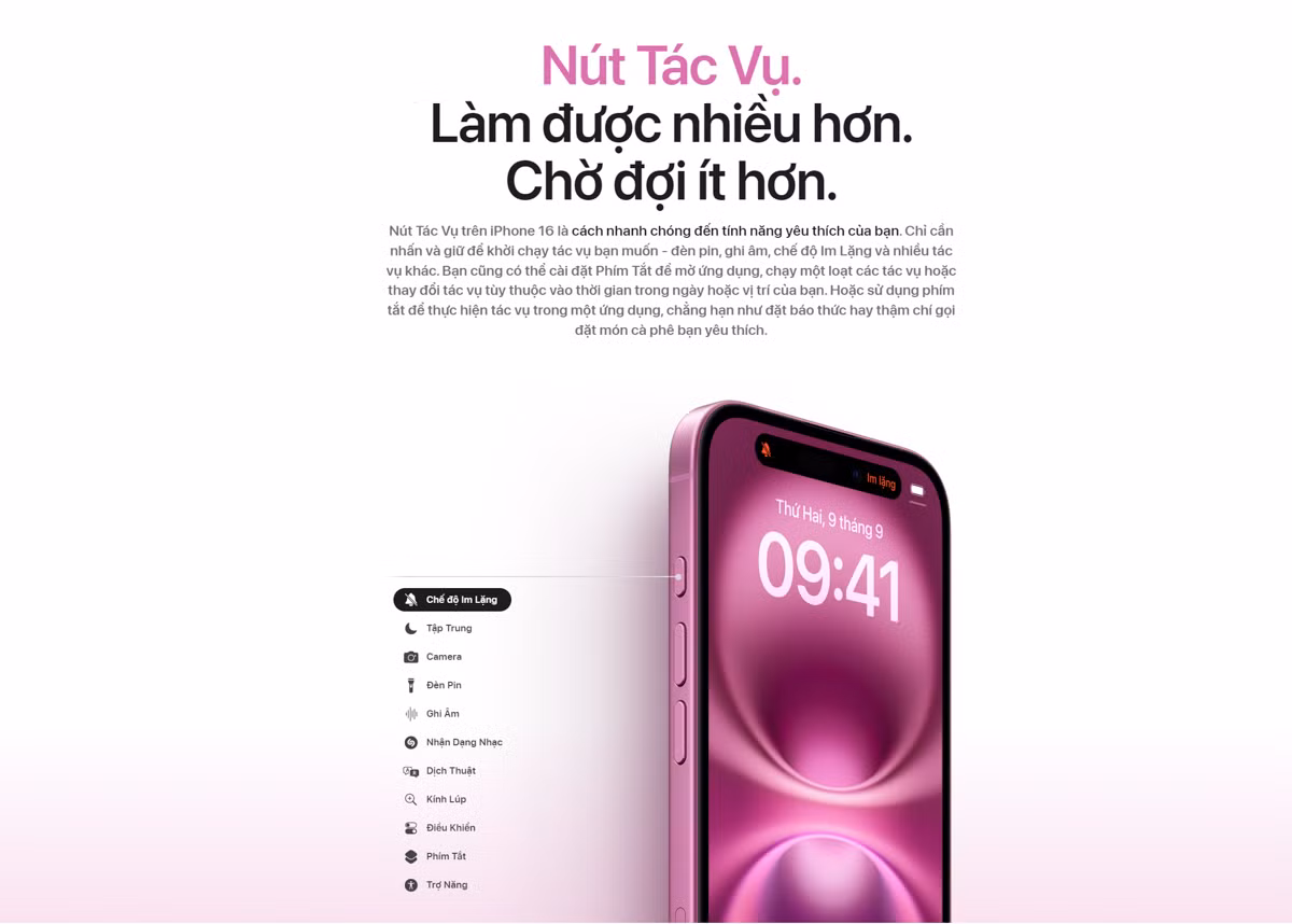 iPhone 16 nay có nút Action. (Ảnh: Apple) iPhone 16 nay có nút Action. (Ảnh: Apple)