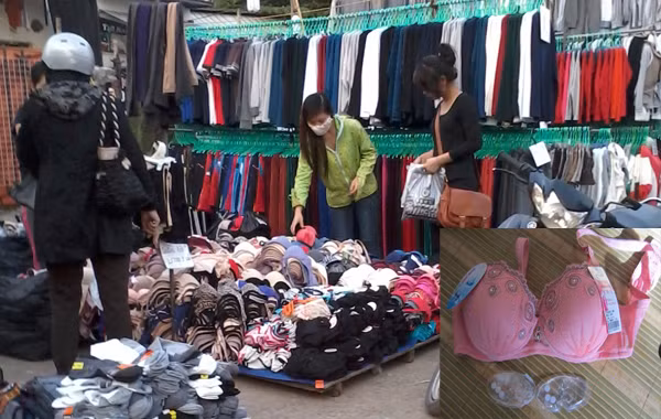 Đồ lót mang nhãn mác TQ bán la liệt tại các chợ ở Hà Nội (ảnh lớn), trong đó có áo có chất lạ (ảnh nhỏ)