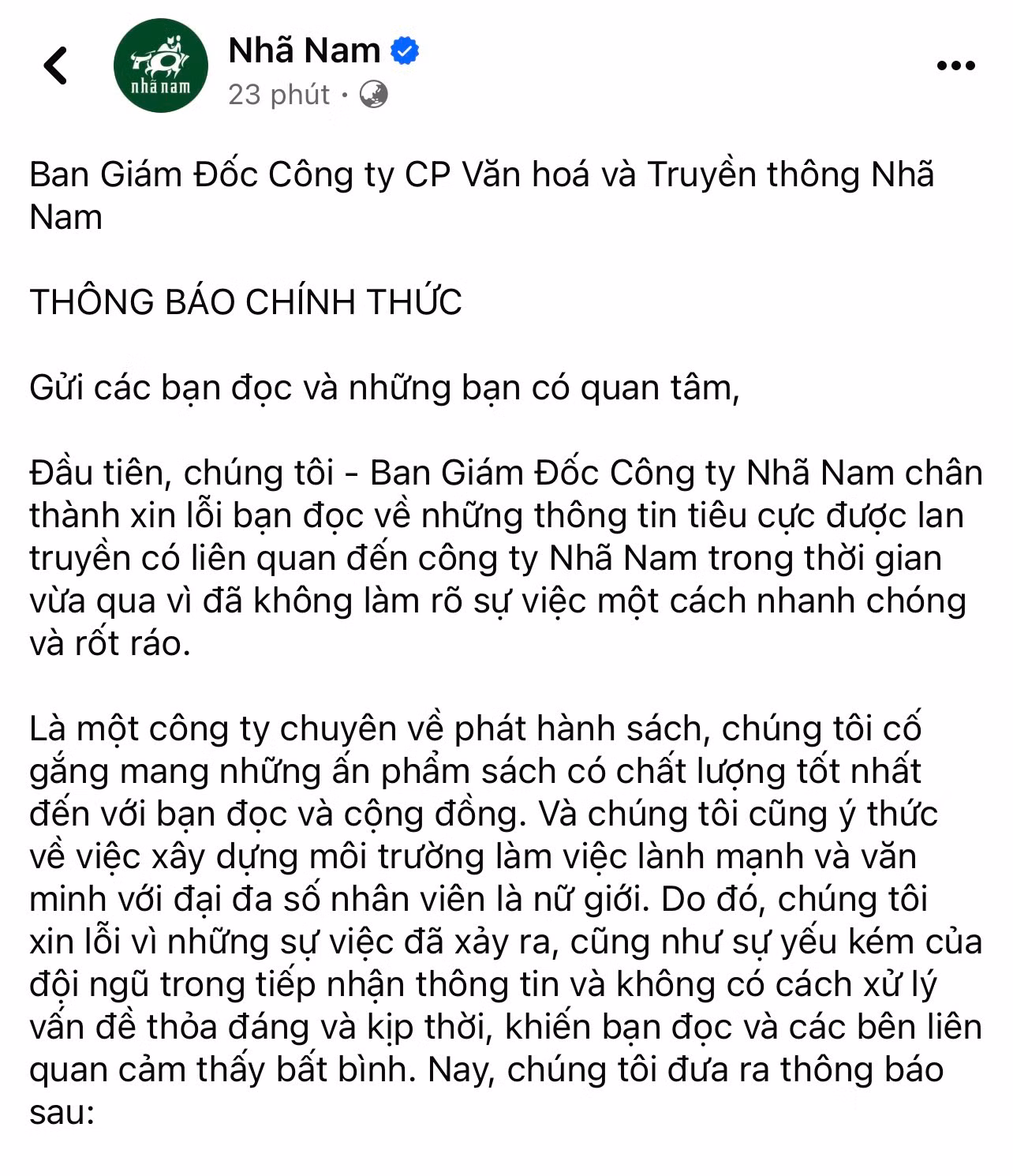 Thông báo chính thức của Nhã Nam thu hút hàng nghìn lượt tương tác sau hơn 20 phút công bố. Thông báo chính thức của Nhã Nam thu hút hàng nghìn lượt tương tác sau hơn 20 phút công bố.