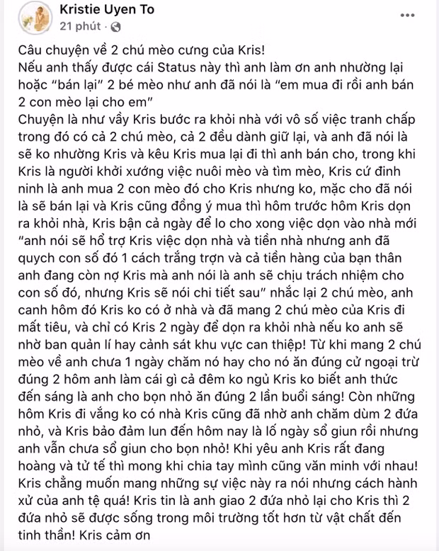 Bài đăng khiến cư dân mạng bàn luận sôi nổi của Kris Uyên Tô. Bài đăng khiến cư dân mạng bàn luận sôi nổi của Kris Uyên Tô.