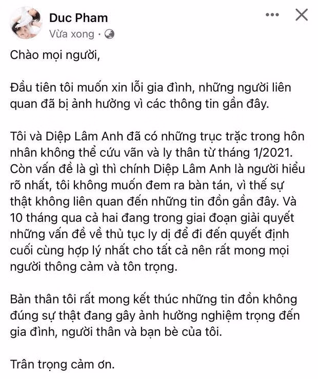 Ngày 31/10, chồng Diệp Lâm Anh lên tiếng cả hai đã ly thân từ tháng 1/2021. Ngày 31/10, chồng Diệp Lâm Anh lên tiếng cả hai đã ly thân từ tháng 1/2021.