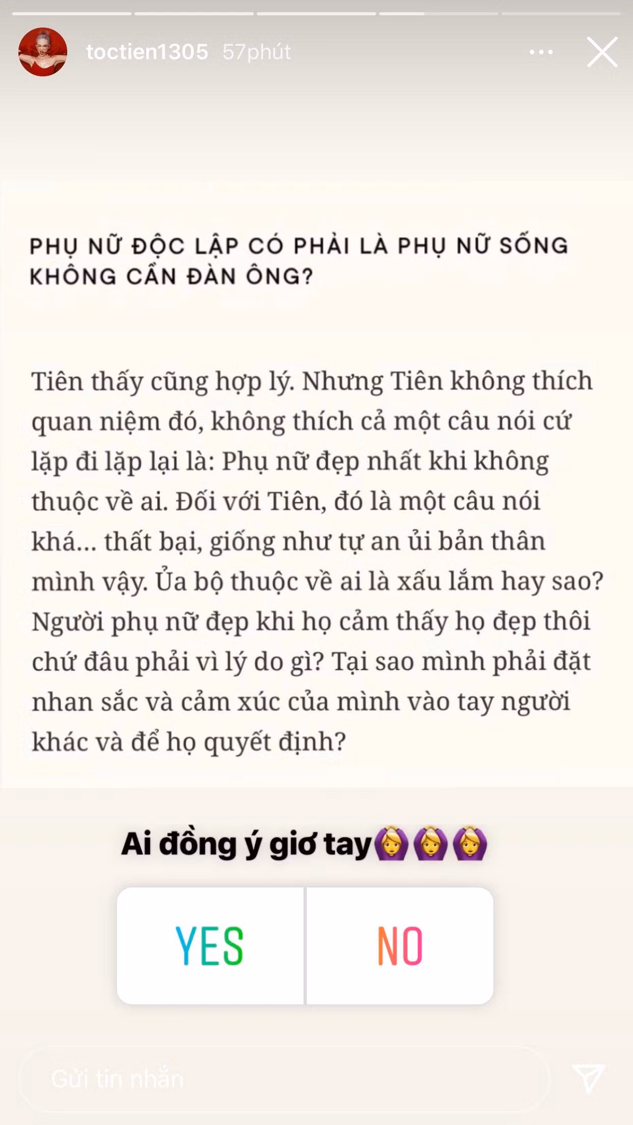 Góc nhìn mới mẻ của Tóc Tiên về câu hỏi quen thuộc "Phụ nữ độc lập có phải là phụ nữ sống không cần đàn ông?" Góc nhìn mới mẻ của Tóc Tiên về câu hỏi quen thuộc "Phụ nữ độc lập có phải là phụ nữ sống không cần đàn ông?"