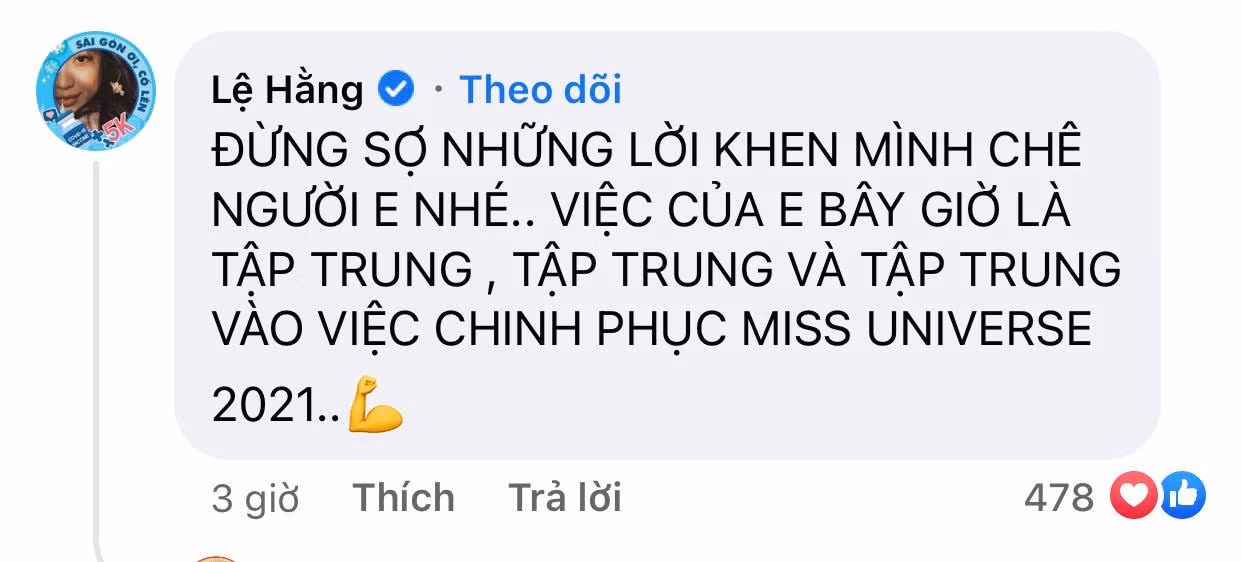 Á hậu Lệ Hằng - đại diện Việt Nam tại Miss Universe 2016 cũng gửi lời động viên đến đàn em.