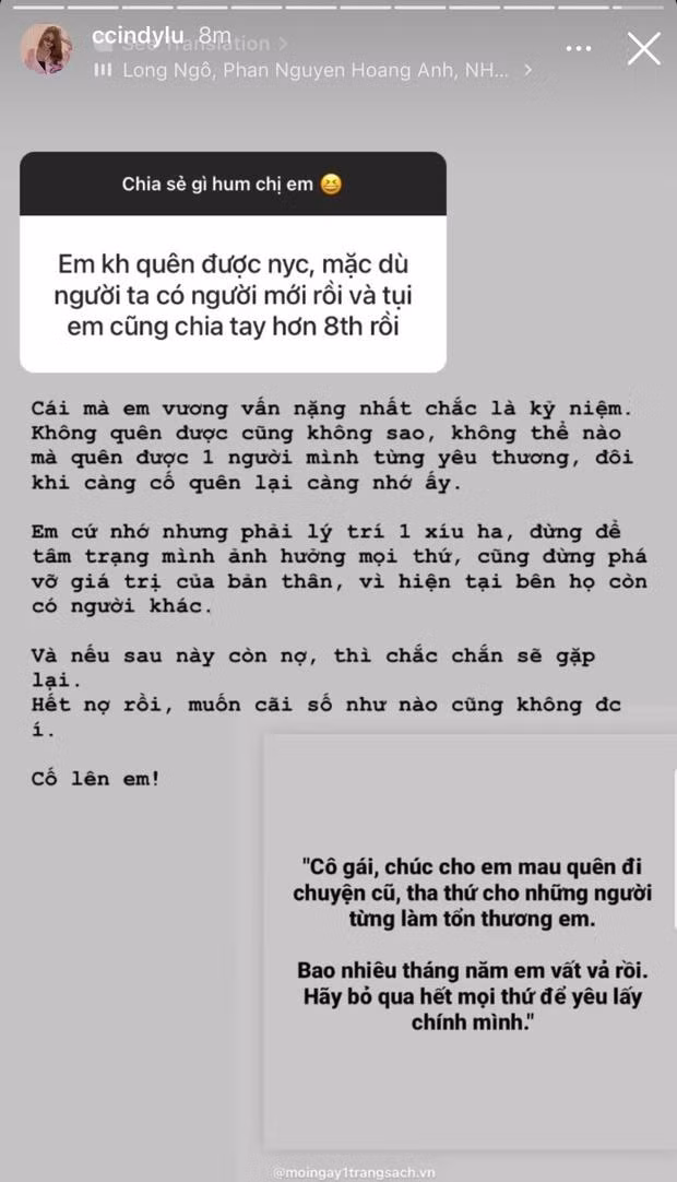 Chia sẻ gây chú ý của Cindy Lư khi trải lòng về người yêu cũ.