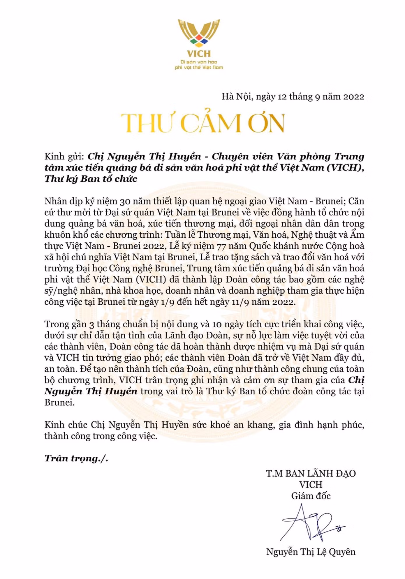 Thư cảm ơn Huyền được nhận trong Chương trình Lễ kỷ niệm 77 năm Quốc khánh Việt Nam (2/9/1945-2/9/2022) tại Bandar Seri Begawan, Brunei Darussalam.