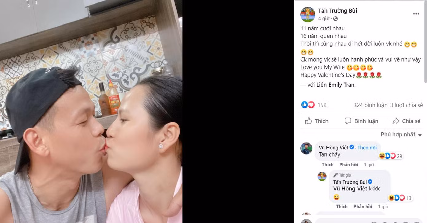 Cầu thủ Tấn Trường tặng vợ nụ hôn ngọt lịm nhân ngày Valentine.
