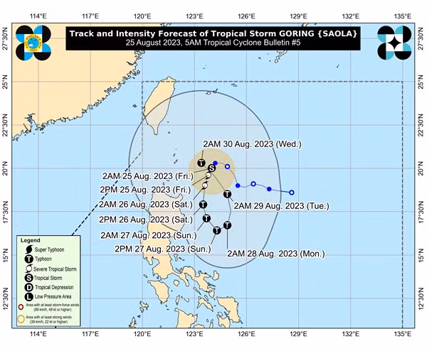 Dự báo của PAGASA vào sáng nay kèm cảnh báo mưa to, gió mạnh (chữ S là bão, chữ T là bão rất mạnh). Ảnh: PAGASA. Dự báo của PAGASA vào sáng nay kèm cảnh báo mưa to, gió mạnh (chữ S là bão, chữ T là bão rất mạnh). Ảnh: PAGASA.