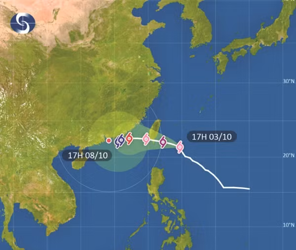 Dự báo của Đài Quan sát Hong Kong (Trung Quốc) về đường đi của bão Koinu. Ảnh: The Standard.
