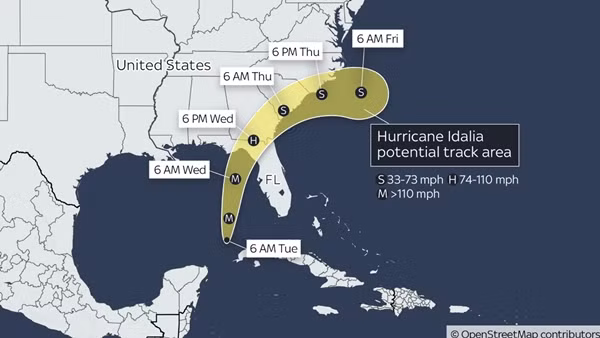 Đường đi dự báo của bão Idalia. Ảnh: Sky News. Đường đi dự báo của bão Idalia. Ảnh: Sky News.