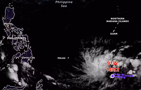 Vị trí hiện tại của áp thấp 91W. Ảnh: Zoom Earth, JMA.