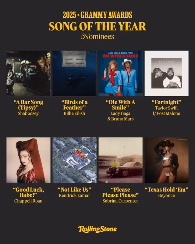 Dàn đề cử cho hạng mục Bài hát của năm tại Grammys năm nay. Dàn đề cử cho hạng mục Bài hát của năm tại Grammys năm nay.