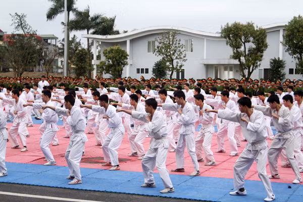 Các học viên biểu diễn các thế võ tổng hợp