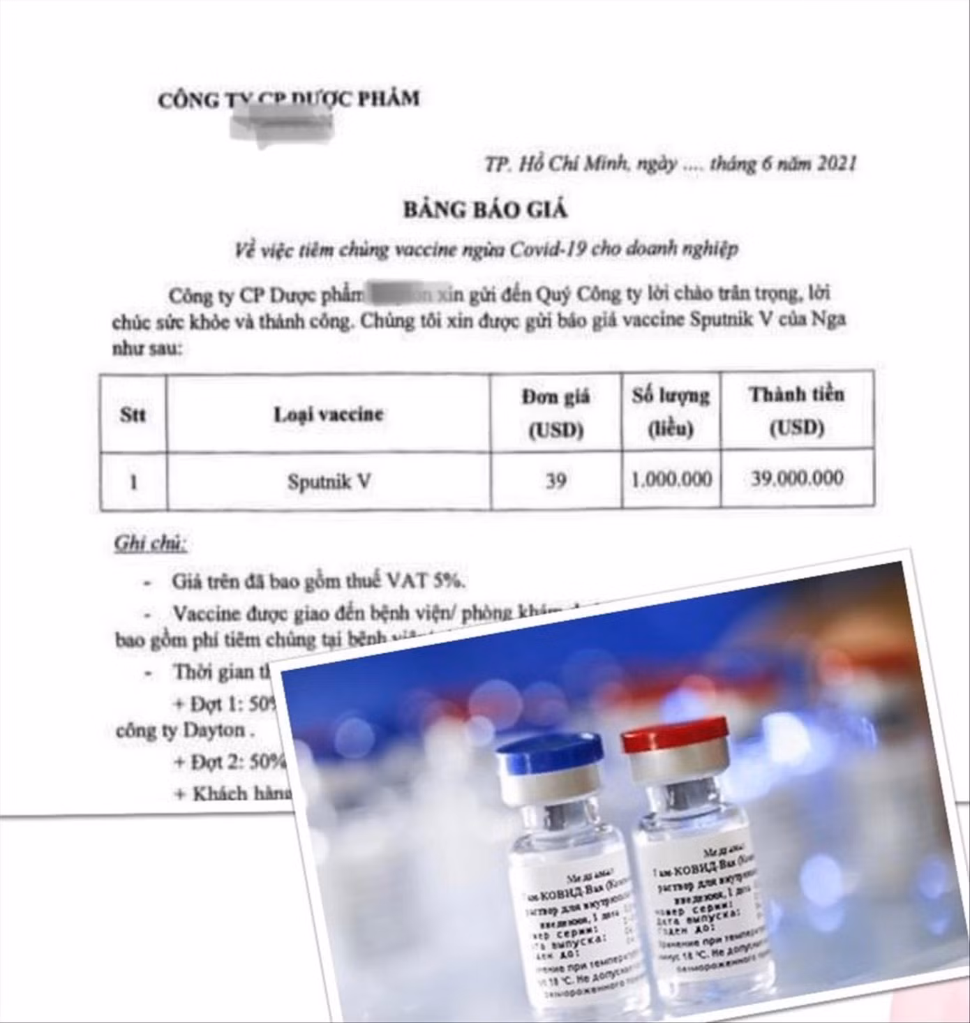 Bảng báo giá vắc-xin của Nga từ một Cty dược ở TPHCM ảnh: L.N Bảng báo giá vắc-xin của Nga từ một Cty dược ở TPHCM ảnh: L.N