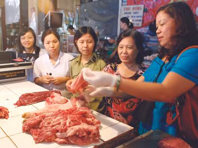 Kiểm tra vệ sinh thú y tại một quầy thịt ở Hà Nội. Ảnh: Xuân Phú