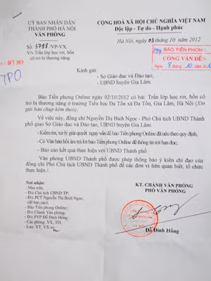Công văn của UBND TP Hà Nội gửi báo Tiền Phong ngày 8-10