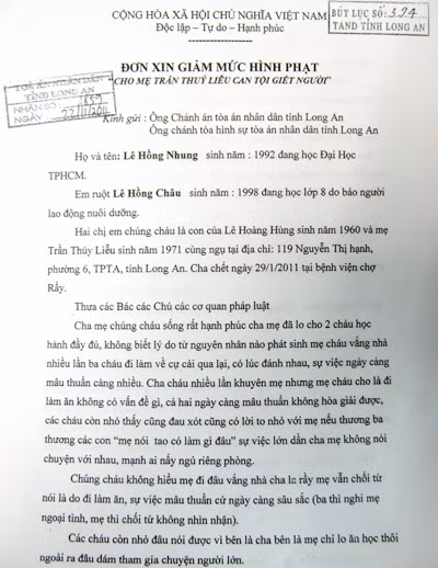 Lá đơn xin giảm án của con gái bà Liễu