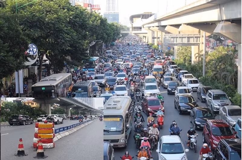 Thực trạng xe đi hỗn hợp sau 3 năm thực hiện phân làn trên đường Nguyễn Trãi. Ảnh nhỏ: Dựng lốp ô tô và dải phân cách cứng để phân làn đường Nguyễn Trãi năm 2022.