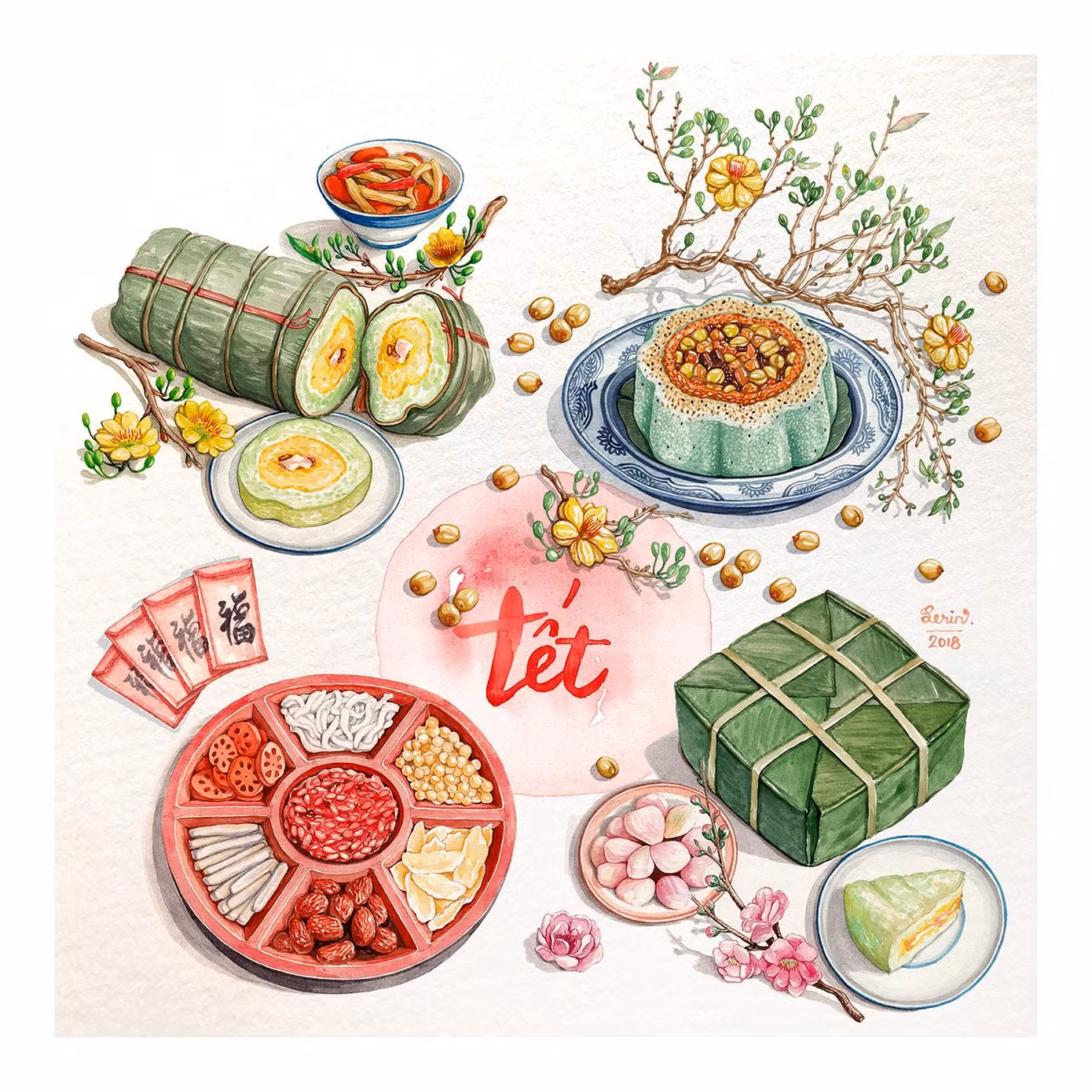 Hương vị bánh Tết cổ truyền qua tranh vẽ của Lê Rin.