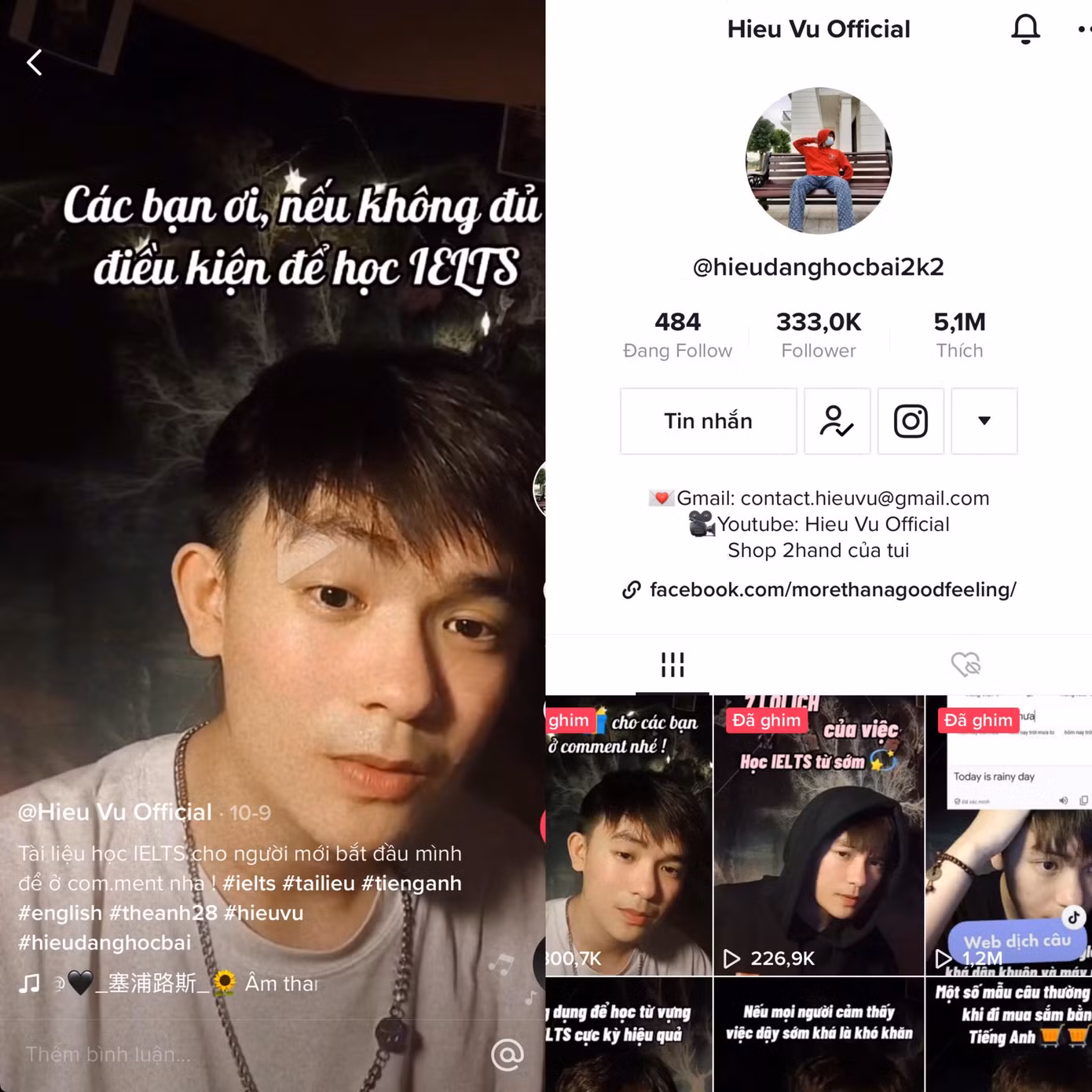 Kênh TikTok của Hiếu Vũ đạt gần 333.000 người theo dõi và 5,1 triệu lượt yêu thích.