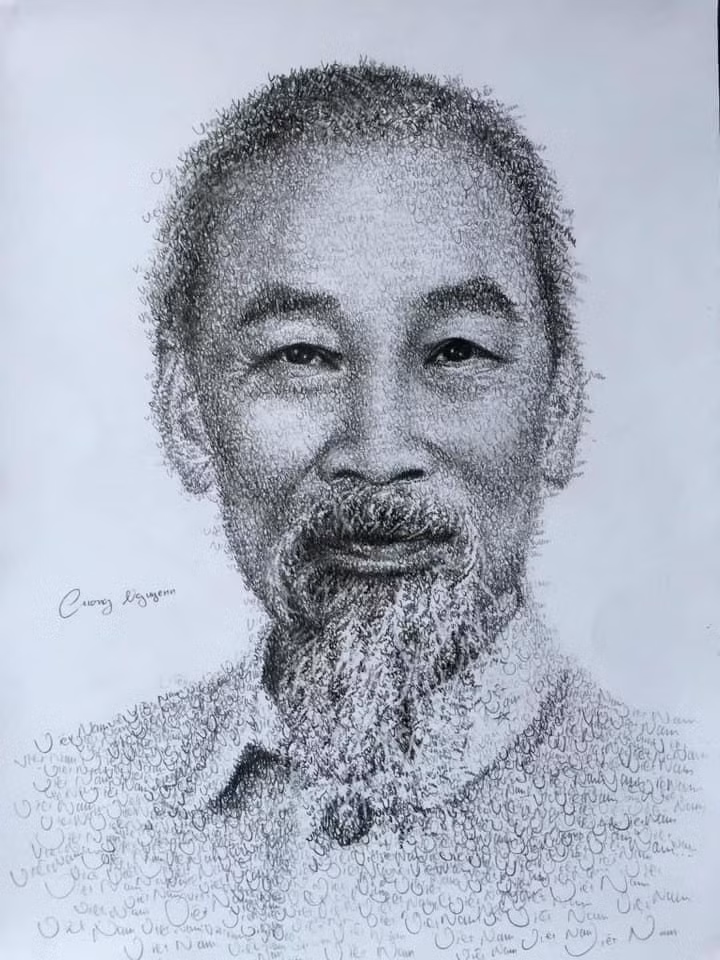 Chân dung Chủ tịch Hồ Chí Minh được Cường tạo ra bởi rất nhiều chữ "Việt Nam".