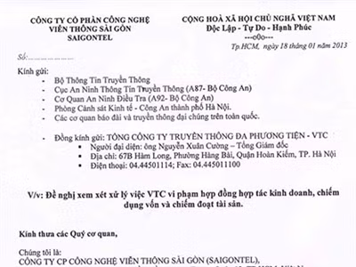 Công văn tố cáo của Công ty Cổ phần Công nghệ Viễn thông Sài Gòn đối với Tổng công ty Truyền thông Đa phương tiện (VTC).