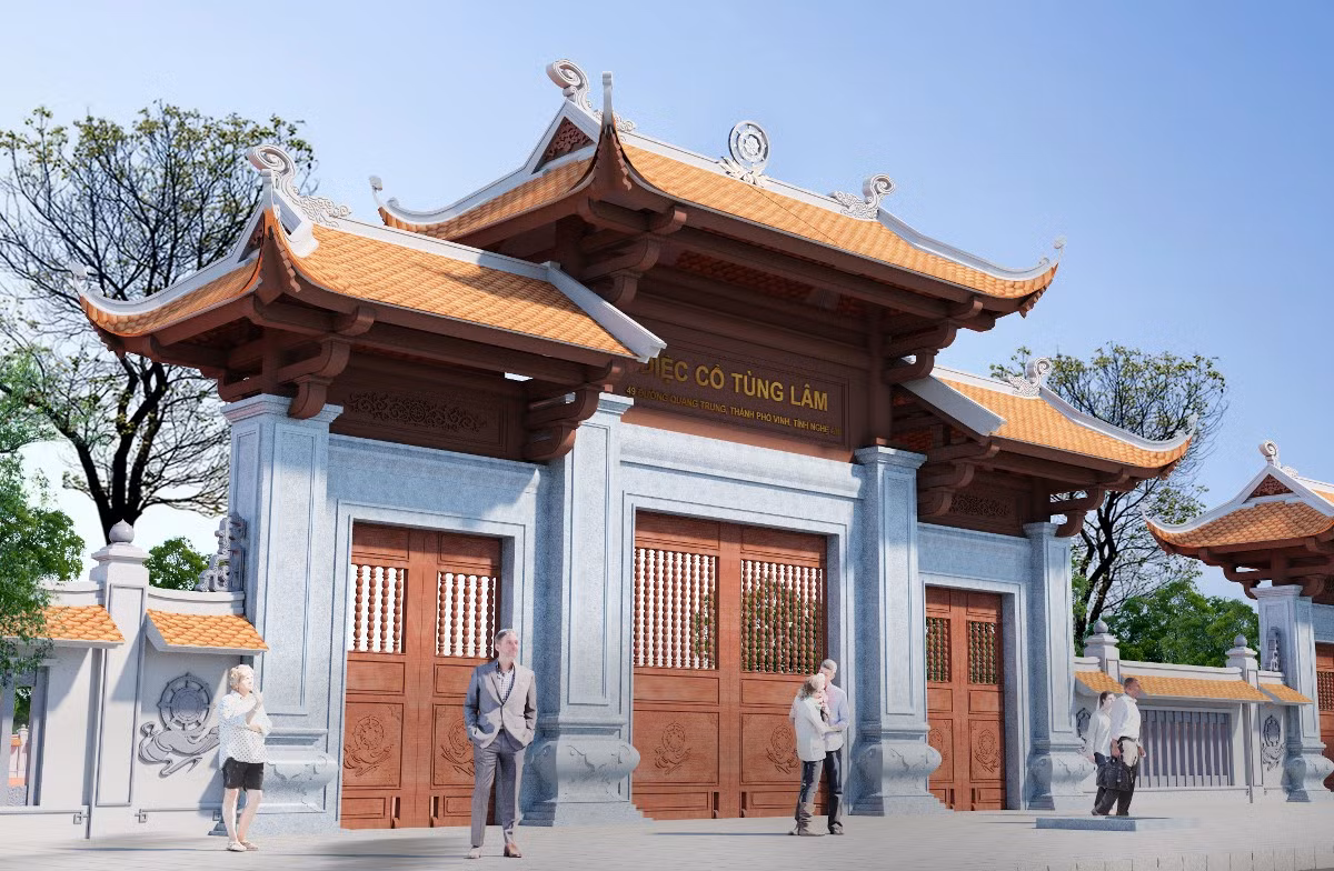 Phối cảnh minh họa cho ứng dụng biểu tượng trong công trình kiến trúc Phật giáo Việt Nam.