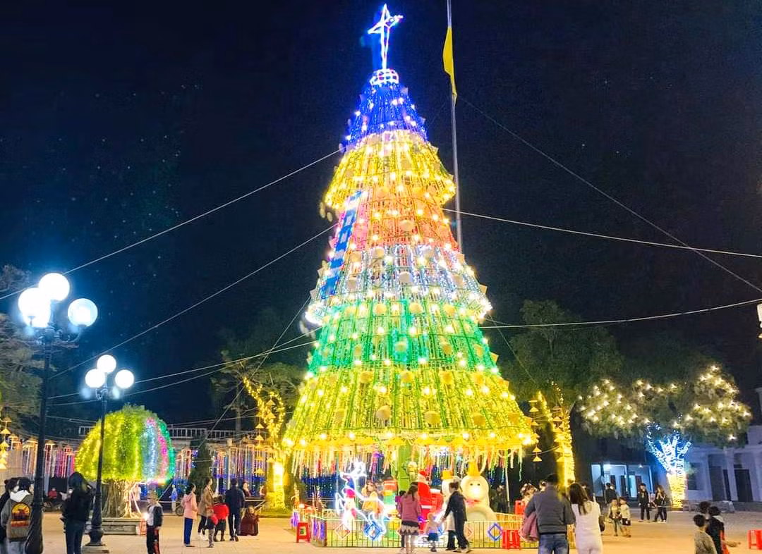 Nổi bật trong đó là cây thông cao 20m được dựng lên cạnh nhà thờ. Cây thông cao gần 20 mét, có ba tầng trên một cột thép vững chắc, được làm từ hàng trăm cây nứa. Những chiếc nón lá được trang trí xung quanh, cùng với đèn led và dây kim tuyến. Phải mất gần 1 tháng, các bạn trẻ trong giáo xứ mới hoàn thiện cây thông này và bắt đầu “thắp đèn” đón người dân tới vui chơi, chụp ảnh trong mùa Giáng sinh.
