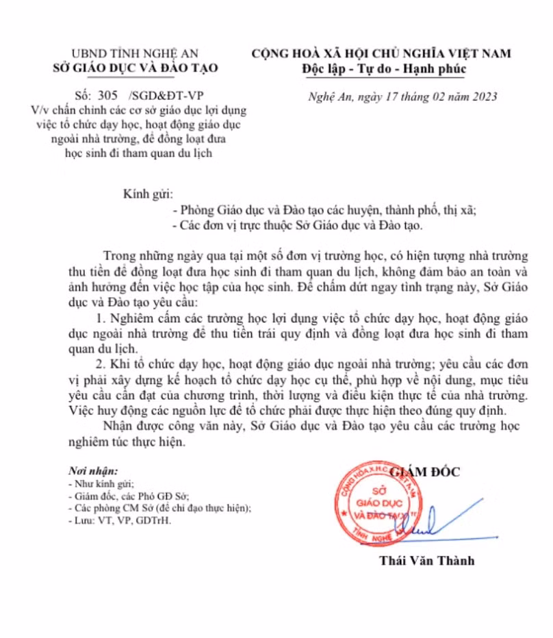 Sở GD&amp;ĐT Nghệ An lập tức ra công văn chấn chỉnh sự việc, tránh tình trạng lợi dụng đi ngoại khóa để du lịch đơn thuần.