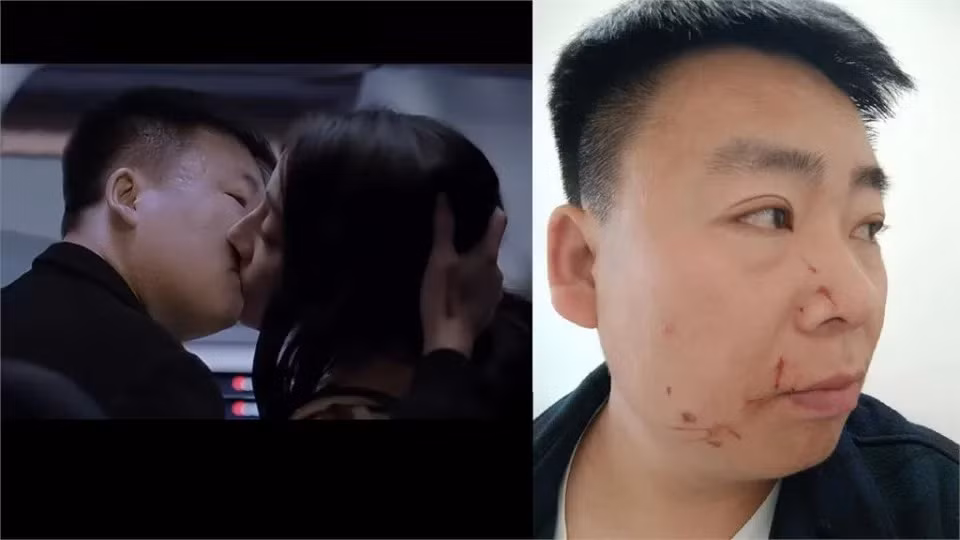 Cảnh phim chưa chỉnh sửa (trái) và hình Hồng Lượng bị đánh. Ảnh: Yahoo.