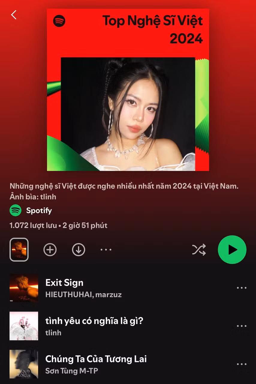 HIEUTHUHAI, tlinh và Sơn Tùng là 3 nghệ sĩ Việt đình đám nhất năm 2024 trên Spotify. Ảnh: Spotify