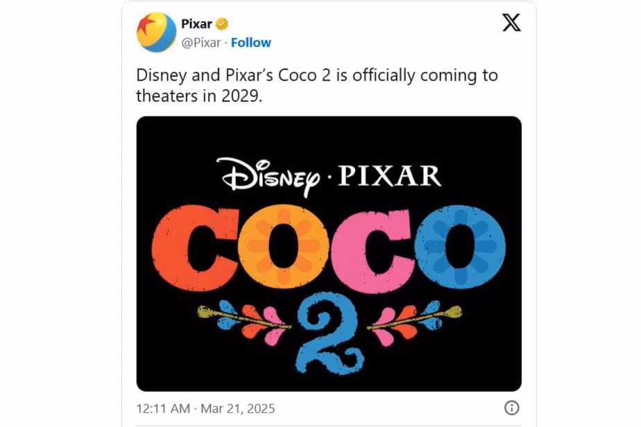 Pixar xác nhận năm ra mắt chính thức của "Coco 2" trên tài khoản mạng xã hội X.