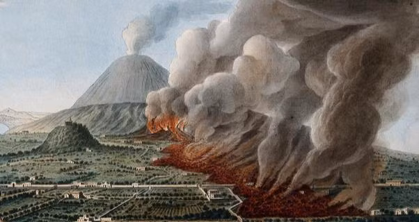 Núi Vesuvius: Một vụ phun trào núi lửa tạo ra con đường magma chết chóc dưới chân núi, 1760-1761. Tranh khắc màu của họa sĩ Ý Pietro Fabris.