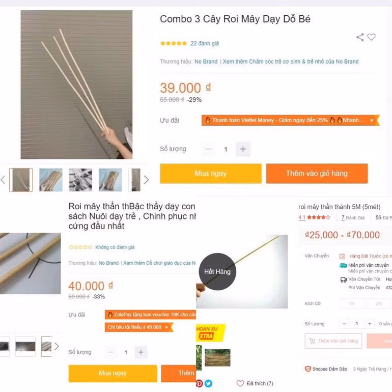 "Roi mây thần thánh" được bày bán công khai, tràn lan trên các sàn thương mại điện tử (Ảnh chụp màn hình). "Roi mây thần thánh" được bày bán công khai, tràn lan trên các sàn thương mại điện tử (Ảnh chụp màn hình).