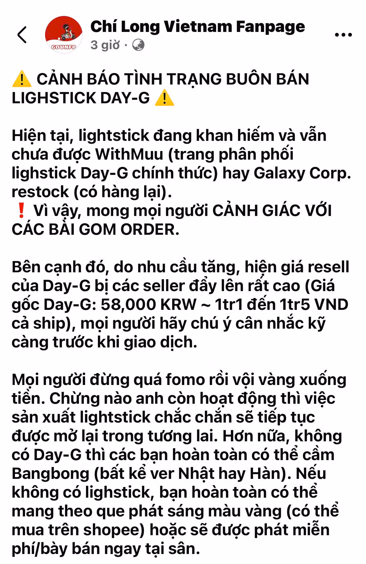 Bài kêu gọi được đăng trên G-Dragon Vietnam Fanpage.