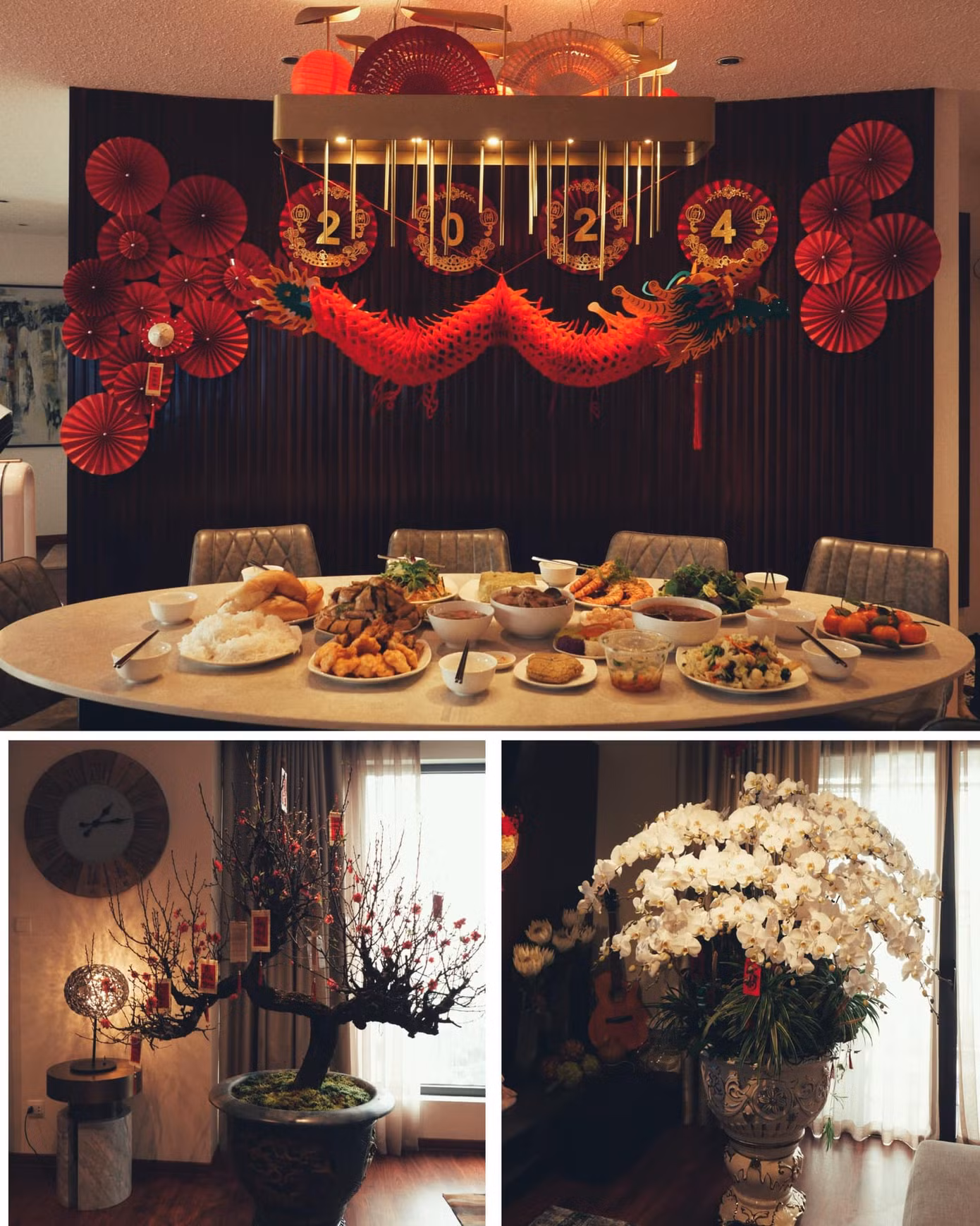Lệ Quyên chuẩn bị tươm tất cho căn nhà tại Hà Nội với cây đào thế và chậu hoa lớn lớn. Nữ ca sĩ chọn tông màu trầm ấm, kết hợp với bộ trang trí hình rồng.