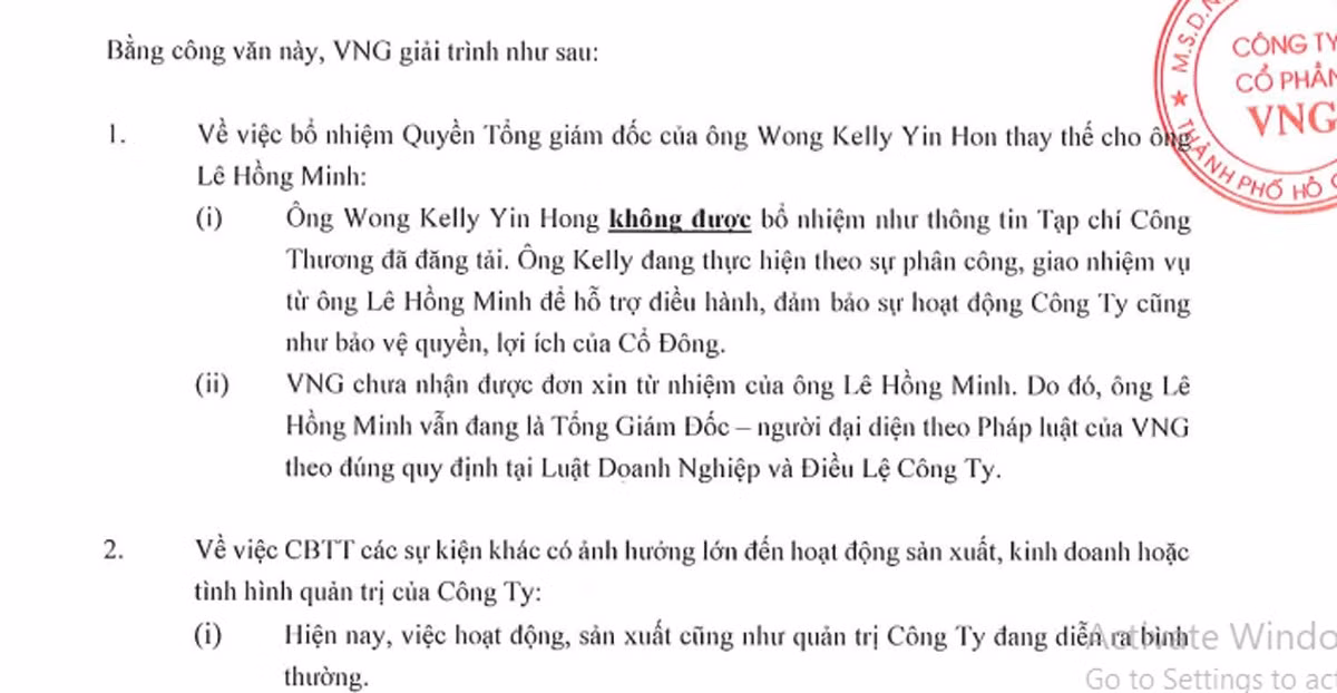 Văn bản của VNG khẳng định ông Lê Hồng Minh vẫn là tổng giám đốc tập đoàn.