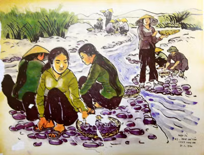 Nhặt sỏi, A3. TNXP Hà Tĩnh, Khe Lau 31-3-1970. Ký họa bút sắt và thuốc nước