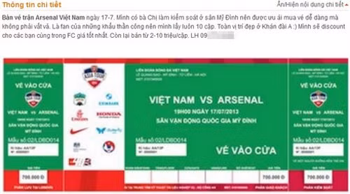 é trận Việt Nam - Arsenal được rao bán trên mạng. Ảnh: CMH