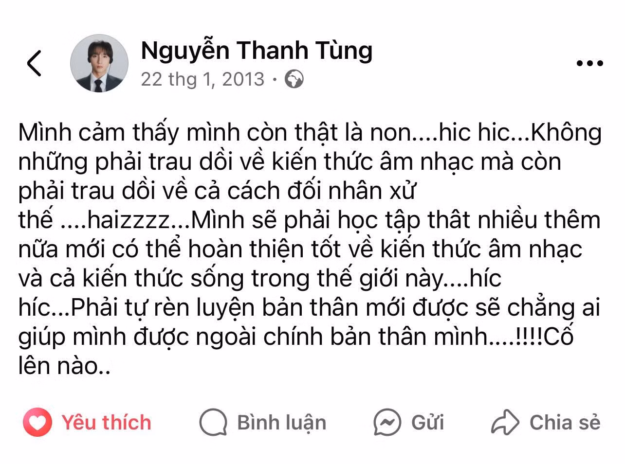 Dòng trạng thái được đăng từ năm 2013 của Sơn Tùng được các fan đăng lại, thu về "cơn bão tim" vì tư duy đúng đắn, truyền cảm hứng về việc không ngừng học hỏi, phát triển bản thân.
