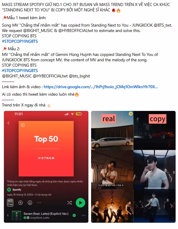 Các fanpage, blog của BTS đưa ra mẫu tweet, kèm ảnh và clip để cộng đồng fan cùng nhau "đẩy trend" trên X để các fan quốc tế biết chuyện và sự việc có thể dễ dàng được BigHit Music - HYBE chú ý.