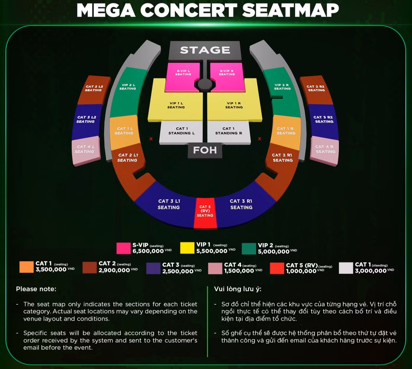 Sơ đồ và giá vé chính thức của siêu concert ở SVĐ Mỹ Đình (Hà Nội).