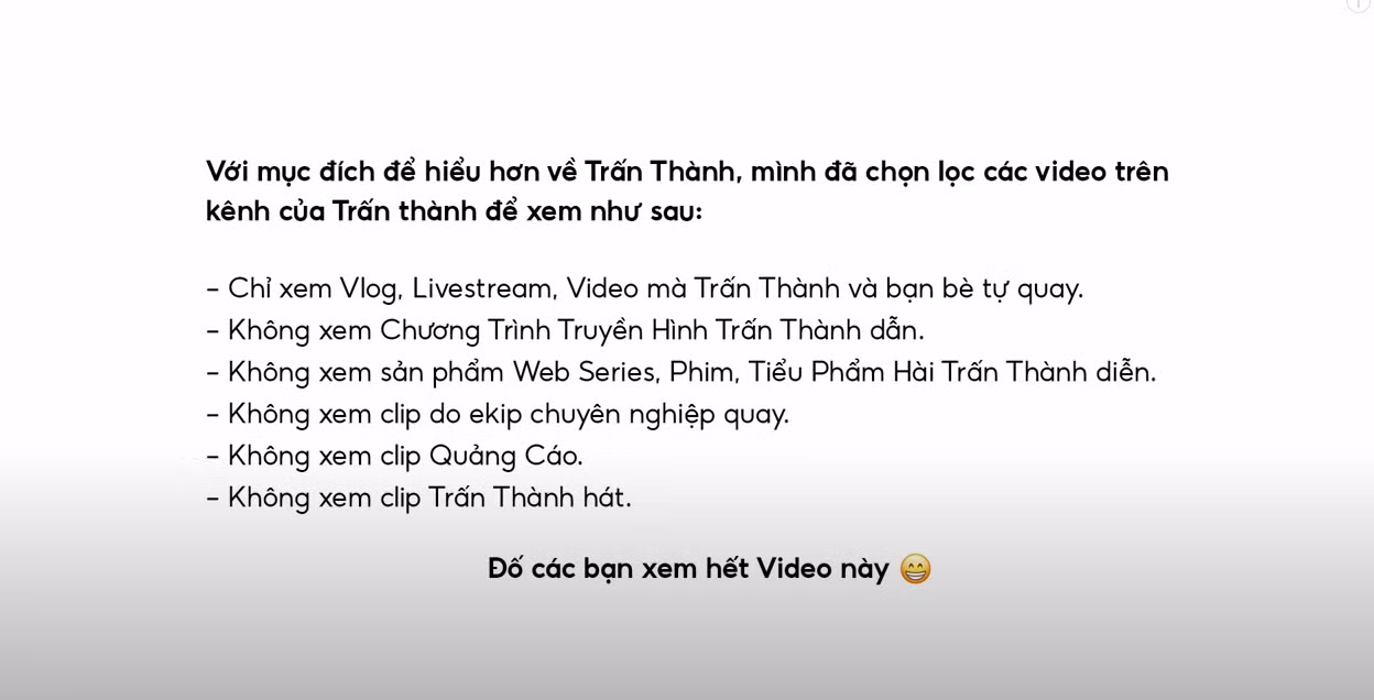 Chú thích về các video mà JV chọn lọc để xem trên kênh của Trấn Thành ở mở đầu video có thời lượng gần 13 tiếng.