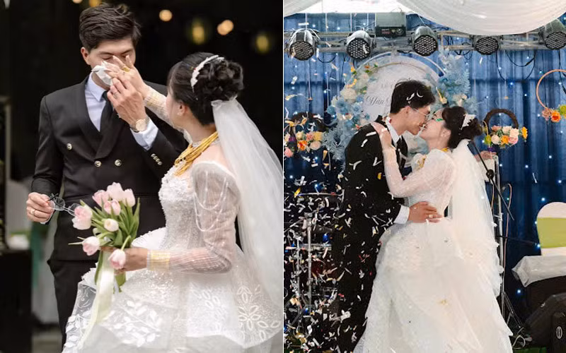 Chú rể xúc động trong ngày cưới.