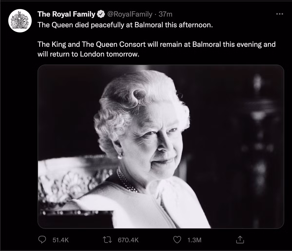 Cung điện Buckingham xác nhận Nữ hoàng Anh Elizabeth II đã qua đời tại lâu đài Balmoral (Scotland).