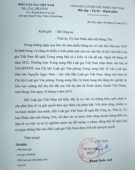 Văn bản của Hội Luật gia Việt Nam đề nghị Bộ Công an vào cuộc. Ảnh: Dân Trí