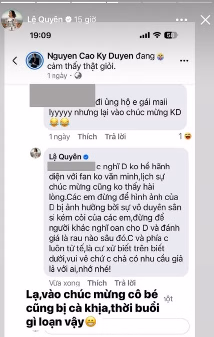 Lệ Quyên (như mọi lần) rất chăm chỉ đáp trả anti-fan.